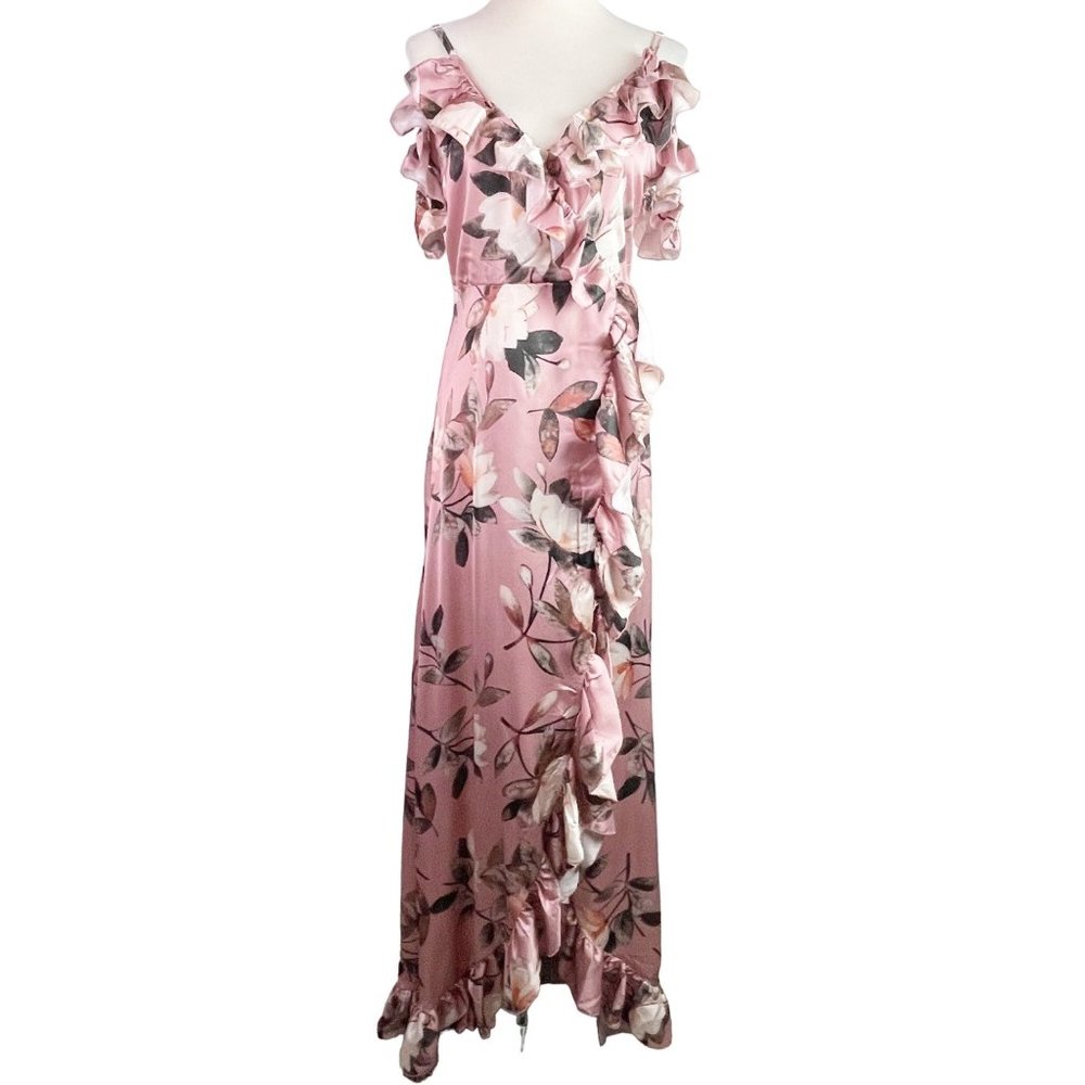 Missord Floral Dress Maxi Slit Split Pink Off Shoulder Boho Satin Silky Flowy